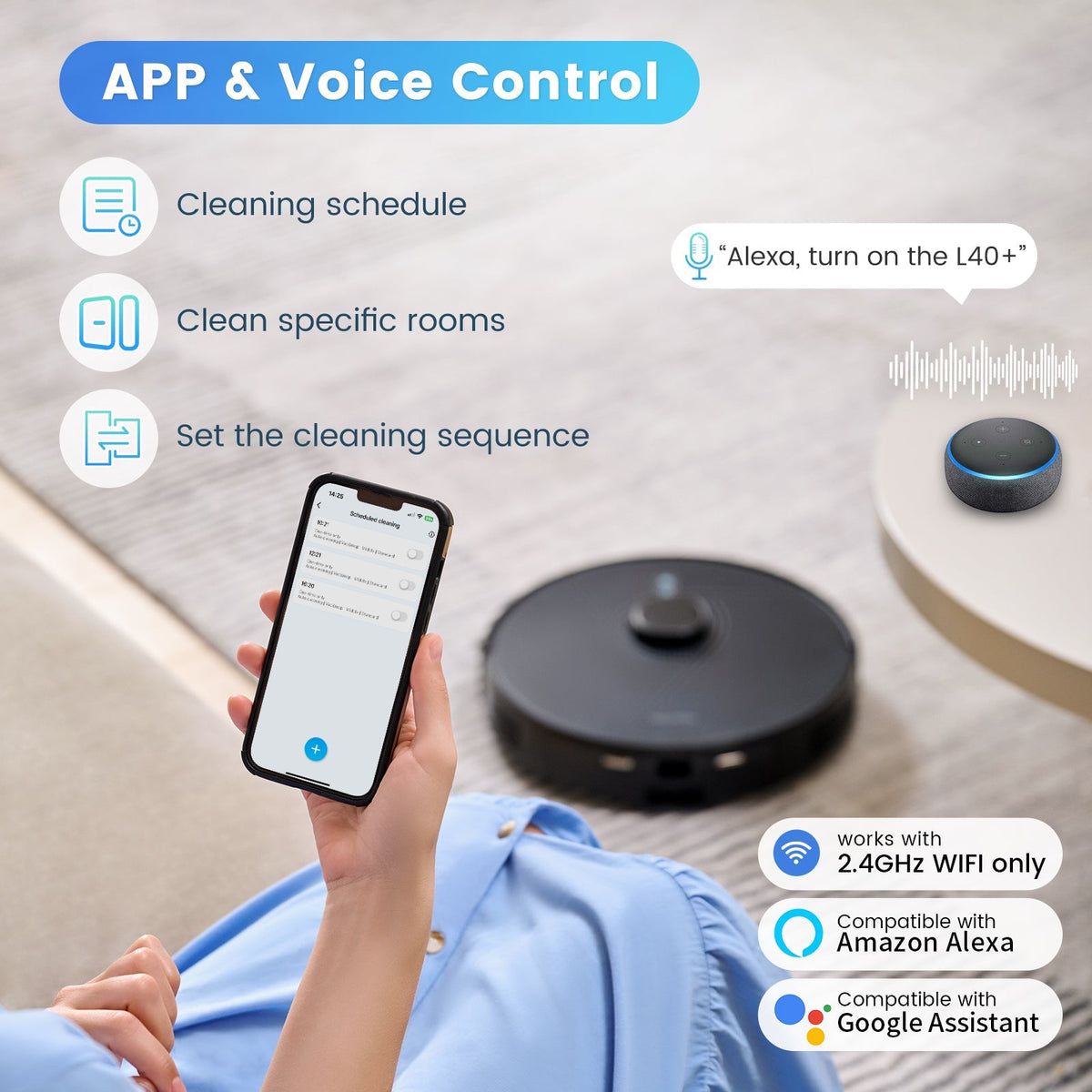 L40+ Robot Vacuum Cleaner and Mop Combo - 75-Day Self-Empty Bin, 240 Min Runtime, App and Voice Control