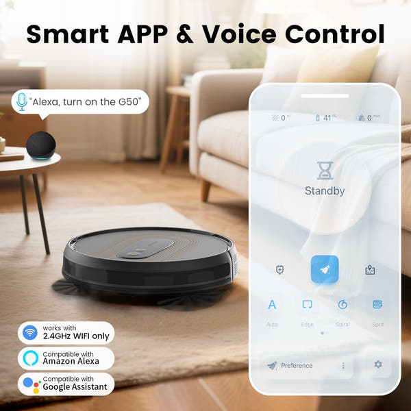 G50 Robot Vacuum with Home Mapping,2800 Strong power,Wi-fi Connect