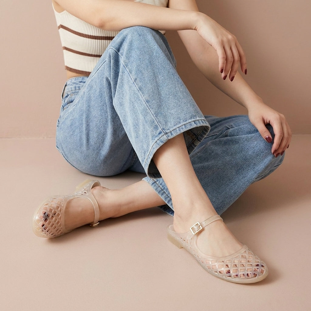NESTILY Java Jelly Flats™ — Waterproof Mary Jane Mule | Adjustable Strap | Closed Toe | Summer Jelly Sandal