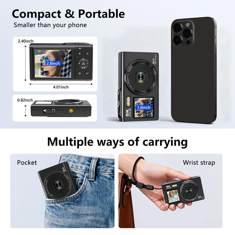 NESTILY SnapPro 5K™ — 2026 Digital Vlogging Camera | 75MP | Dual Screen | 18X Zoom | 32GB Card + 2 Batteries | Beginner Kit